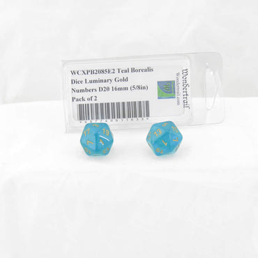 WCXPB2085E2 Teal Borealis Dice Luminary Gold Numbers D20 16mm (5/8in) Pack of 2 (ONLINE ORDER ONLY)