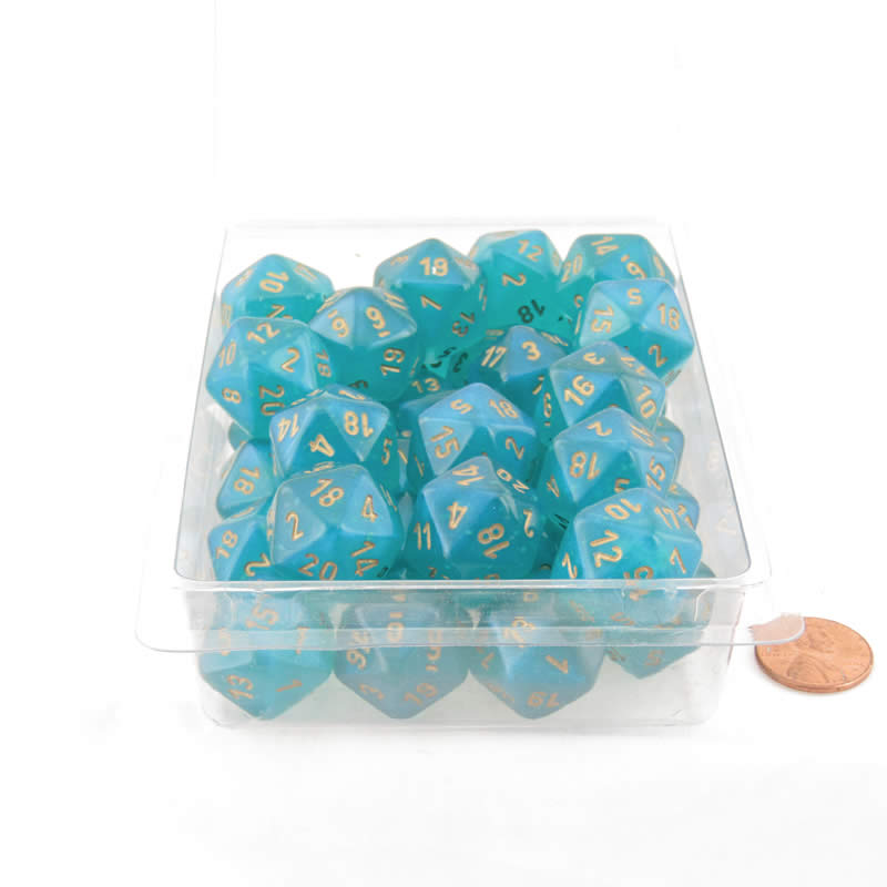 WCXPB2085E50 Teal Borealis Dice Luminary with Gold Numbers D20 16mm (5/8in) Pack of 2 (ONLINE ORDER ONLY)