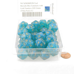 WCXPB2085E50 Teal Borealis Dice Luminary with Gold Numbers D20 16mm (5/8in) Pack of 2 (ONLINE ORDER ONLY)