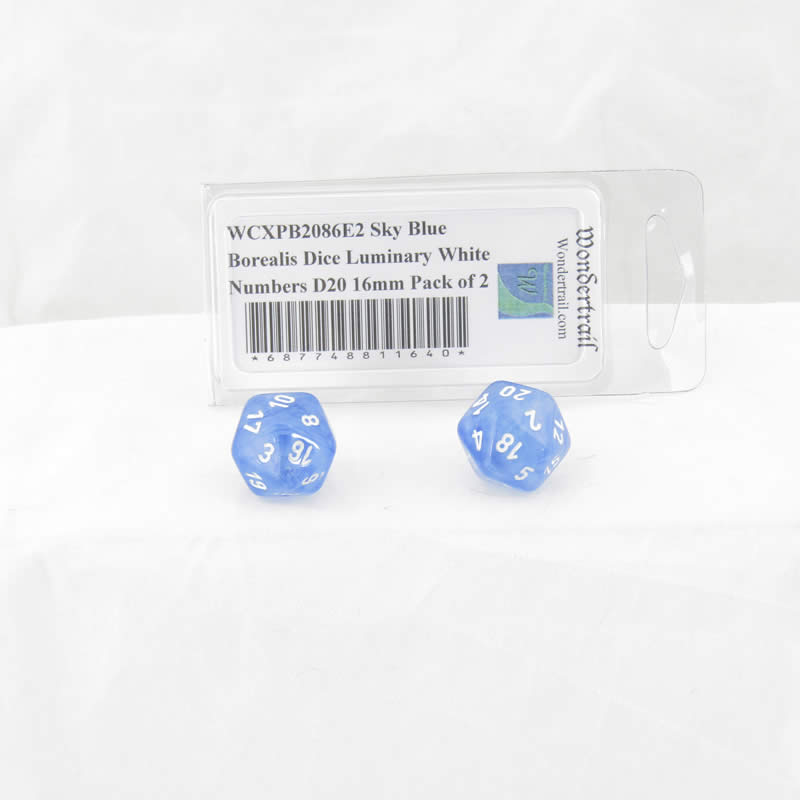 WCXPB2086E2 Sky Blue Borealis Dice Luminary White Numbers D20 16mm Pack of 2 (ONLINE ORDER ONLY)