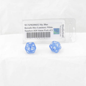 WCXPB2086E2 Sky Blue Borealis Dice Luminary White Numbers D20 16mm Pack of 2 (ONLINE ORDER ONLY)