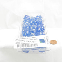 WCXPB2086E50 Sky Blue Borealis Dice Luminary with White Numbers D20 Aprox 16mm (5/8in) Pack of 50 (ONLINE ORDER ONLY)
