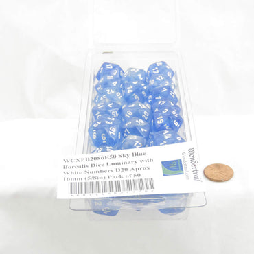 WCXPB2086E50 Sky Blue Borealis Dice Luminary with White Numbers D20 Aprox 16mm (5/8in) Pack of 50 (ONLINE ORDER ONLY)