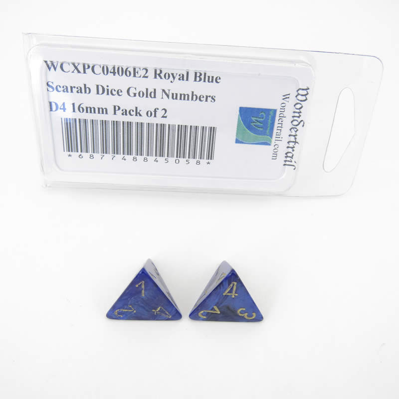 WCXPC0406E2 Royal Blue Scarab Dice Gold Numbers D4 16mm Pack of 2 (ONLINE ORDER ONLY)