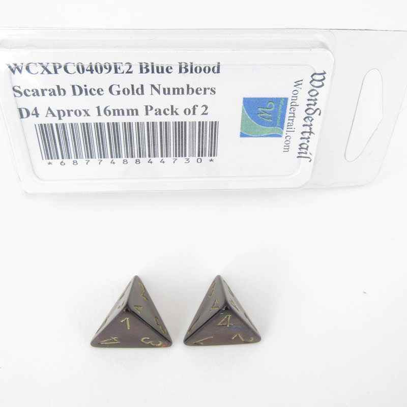 WCXPC0409E2 Blue Blood Scarab Dice Gold Numbers D4 Aprox 16mm Pack of 2 (ONLINE ORDER ONLY)