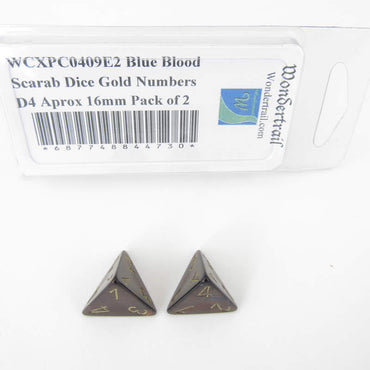 WCXPC0409E2 Blue Blood Scarab Dice Gold Numbers D4 Aprox 16mm Pack of 2 (ONLINE ORDER ONLY)