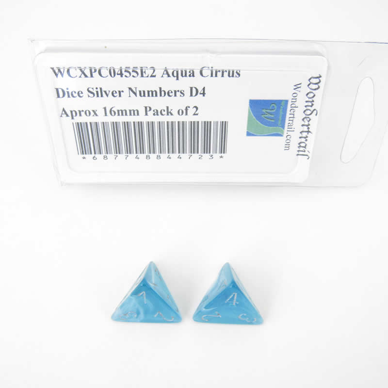 WCXPC0455E2 Aqua Cirrus Dice Silver Numbers D4 Aprox 16mm Pack of 2 (ONLINE ORDER ONLY)