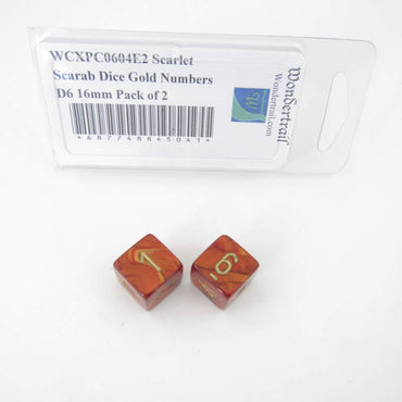 WCXPC0604E2 Scarlet Scarab Dice Gold Numbers D6 16mm Pack of 2 (ONLINE ORDER ONLY)