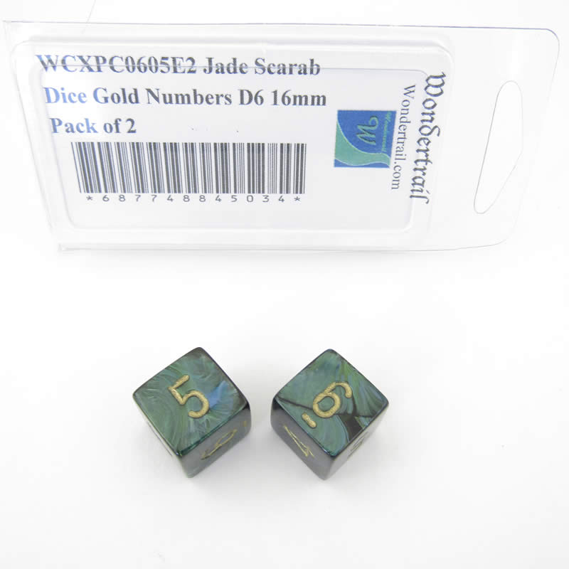 WCXPC0605E2 Jade Scarab Dice Gold Numbers D6 16mm Pack of 2 (ONLINE ORDER ONLY)
