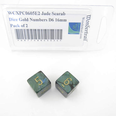 WCXPC0605E2 Jade Scarab Dice Gold Numbers D6 16mm Pack of 2 (ONLINE ORDER ONLY)