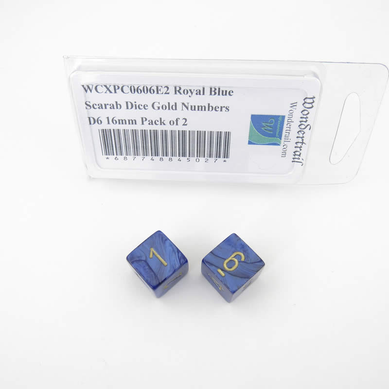 WCXPC0606E2 Royal Blue Scarab Dice Gold Numbers D6 16mm Pack of 2 (ONLINE ORDER ONLY)
