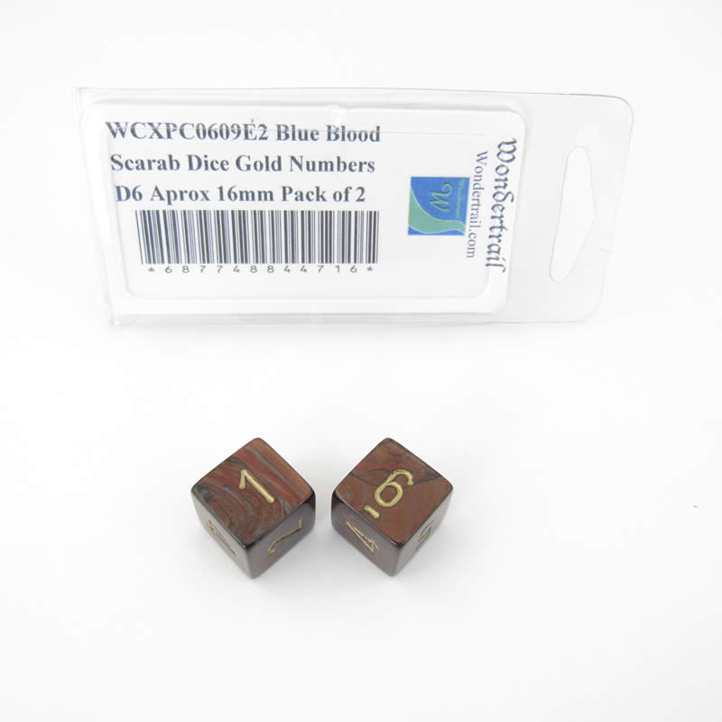 WCXPC0609E2 Blue Blood Scarab Dice Gold Numbers D6 Aprox 16mm Pack of 2 (ONLINE ORDER ONLY)