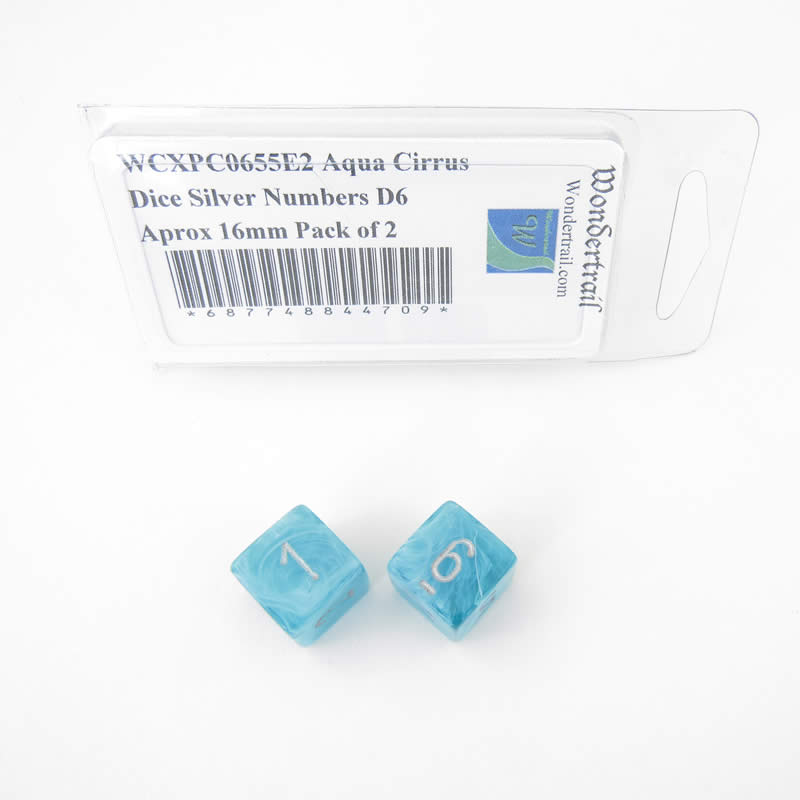 WCXPC0655E2 Aqua Cirrus Dice Silver Numbers D6 Aprox 16mm Pack of 2 (ONLINE ORDER ONLY)