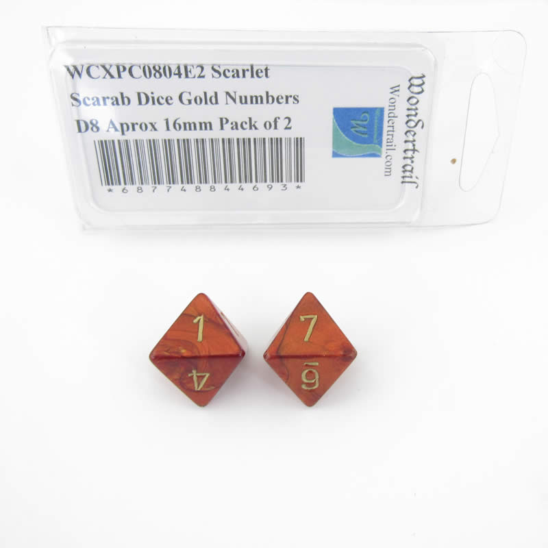 WCXPC0804E2 Scarlet Scarab Dice Gold Numbers D8 Aprox 16mm Pack of 2 (ONLINE ORDER ONLY)