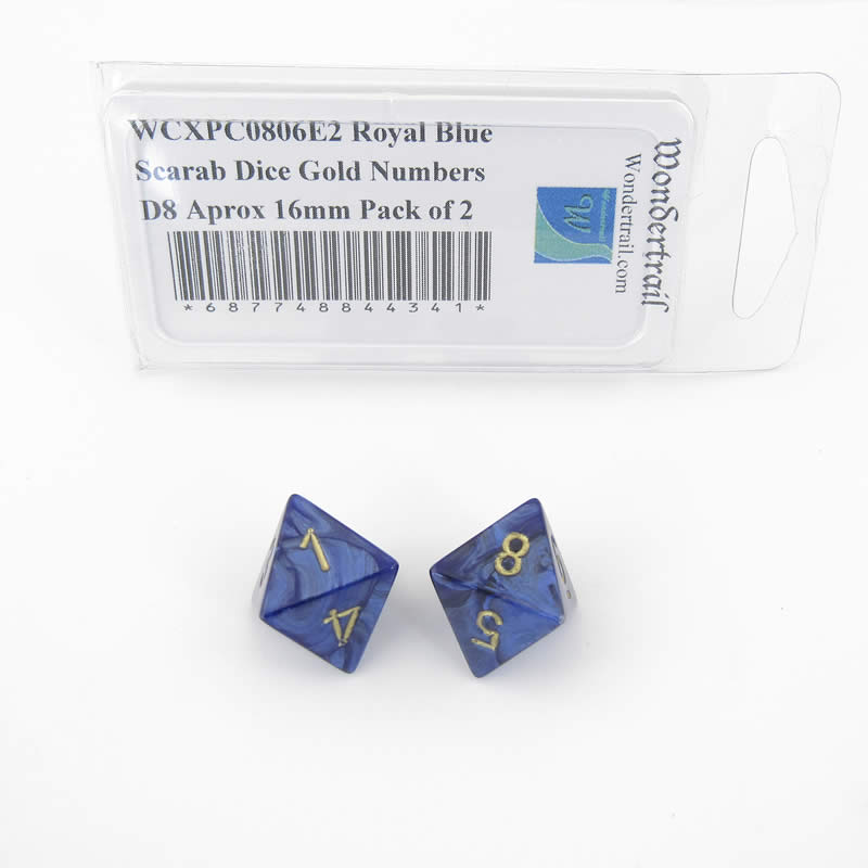 WCXPC0806E2 Royal Blue Scarab Dice Gold Numbers D8 Aprox 16mm Pack of 2 (ONLINE ORDER ONLY)
