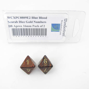 WCXPC0809E2 Blue Blood Scarab Dice Gold Numbers D8 Aprox 16mm Pack of 2 (ONLINE ORDER ONLY)