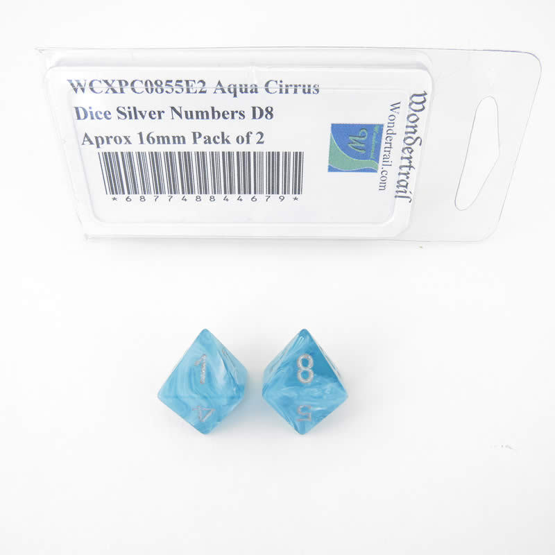 WCXPC0855E2 Aqua Cirrus Dice Silver Numbers D8 Aprox 16mm Pack of 2 (ONLINE ORDER ONLY)