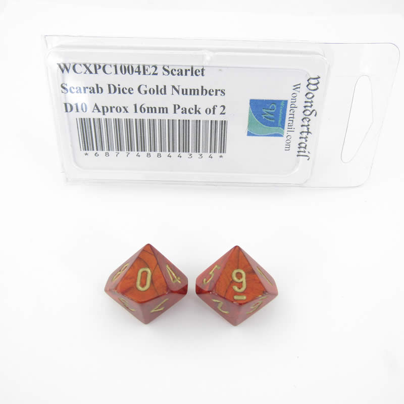 WCXPC1004E2 Scarlet Scarab Dice Gold Numbers D10 Aprox 16mm Pack of 2 (ONLINE ORDER ONLY)