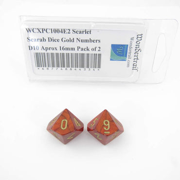 WCXPC1004E2 Scarlet Scarab Dice Gold Numbers D10 Aprox 16mm Pack of 2 (ONLINE ORDER ONLY)