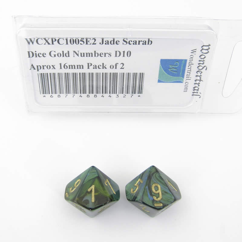 WCXPC1005E2 Jade Scarab Dice Gold Numbers D10 Aprox 16mm Pack of 2 (ONLINE ORDER ONLY)