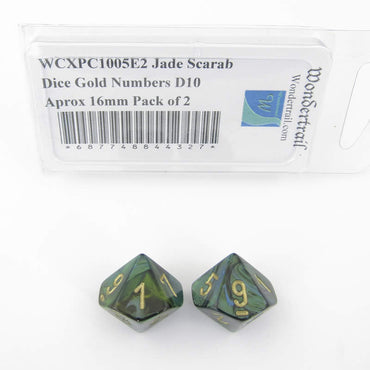 WCXPC1005E2 Jade Scarab Dice Gold Numbers D10 Aprox 16mm Pack of 2 (ONLINE ORDER ONLY)