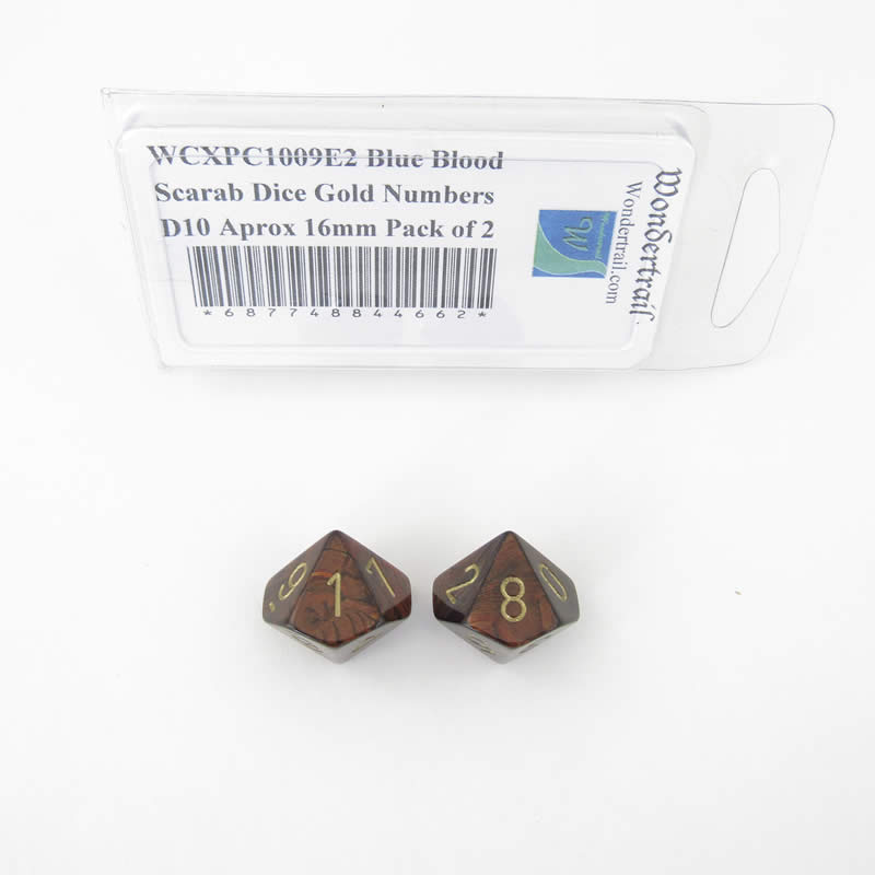 WCXPC1009E2 Blue Blood Scarab Dice Gold Numbers D10 Aprox 16mm Pack of 2 (ONLINE ORDER ONLY)