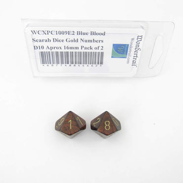 WCXPC1009E2 Blue Blood Scarab Dice Gold Numbers D10 Aprox 16mm Pack of 2 (ONLINE ORDER ONLY)