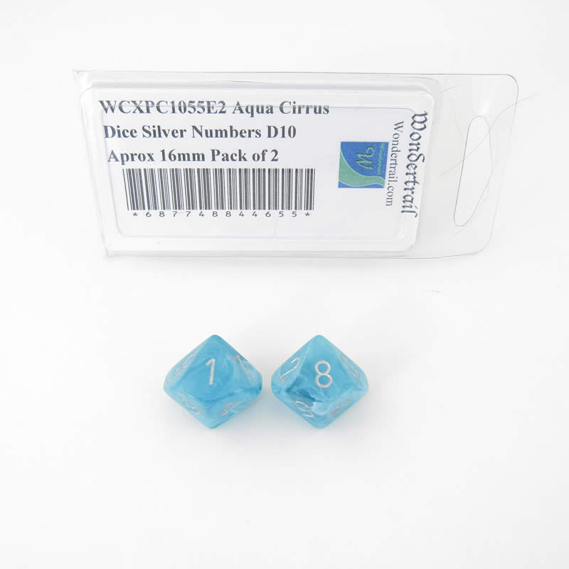 WCXPC1055E2 Aqua Cirrus Dice Silver Numbers D10 Aprox 16mm Pack of 2 (ONLINE ORDER ONLY)