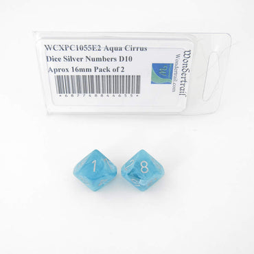 WCXPC1055E2 Aqua Cirrus Dice Silver Numbers D10 Aprox 16mm Pack of 2 (ONLINE ORDER ONLY)