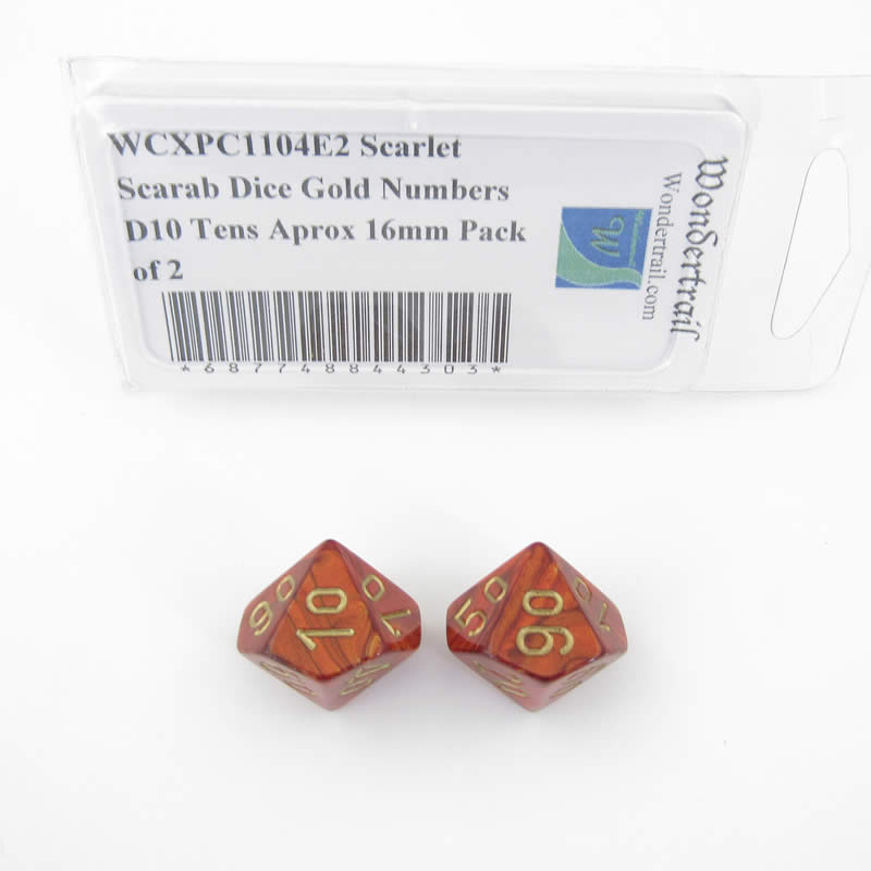 WCXPC1104E2 Scarlet Scarab Dice Gold Numbers D10 Tens Aprox 16mm Pack of 2 (ONLINE ORDER ONLY)