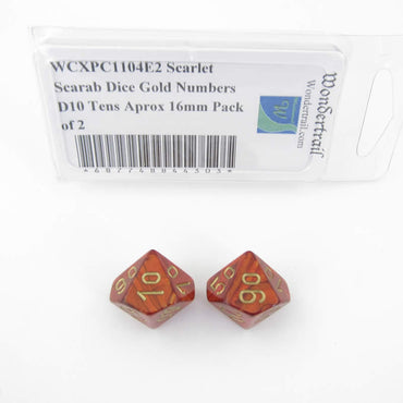 WCXPC1104E2 Scarlet Scarab Dice Gold Numbers D10 Tens Aprox 16mm Pack of 2 (ONLINE ORDER ONLY)