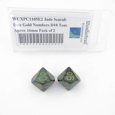 WCXPC1105E2 Jade Scarab Dice Gold Numbers D10 Tens Aprox 16mm Pack of 2 (ONLINE ORDER ONLY)