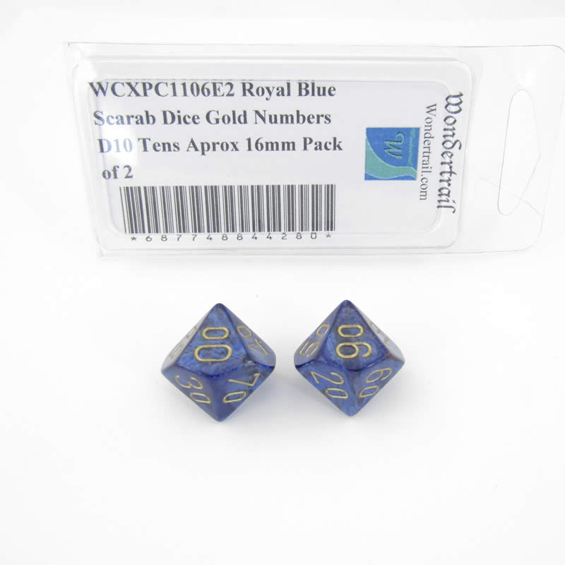 WCXPC1106E2 Royal Blue Scarab Dice Gold Numbers D10 Tens Approx 16mm Pack of 2 (ONLINE ORDER ONLY)