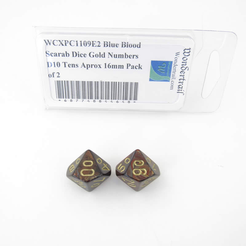 WCXPC1109E2 Blue Blood Scarab Dice Gold Numbers D10 Tens Aprox 16mm Pack of 2 (ONLINE ORDER ONLY)