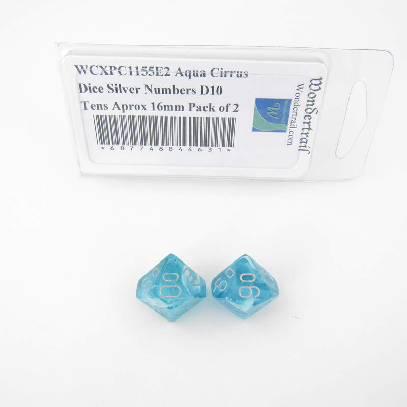 WCXPC1155E2 Aqua Cirrus Dice Silver Numbers D10 Tens Aprox 16mm Pack of 2 (ONLINE ORDER ONLY)