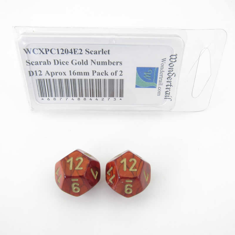 WCXPC1204E2 Scarlet Scarab Dice Gold Numbers D12 Aprox 16mm Pack of 2 (ONLINE ORDER ONLY)