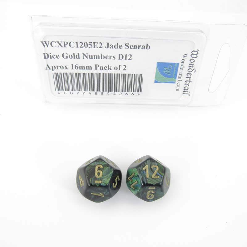 WCXPC1205E2 Jade Scarab Dice Gold Numbers D12 Aprox 16mm Pack of 2 (ONLINE ORDER ONLY)