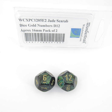 WCXPC1205E2 Jade Scarab Dice Gold Numbers D12 Aprox 16mm Pack of 2 (ONLINE ORDER ONLY)