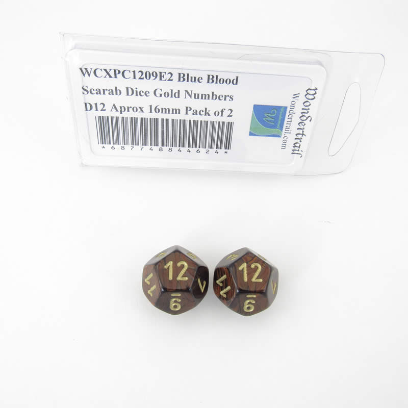 WCXPC1209E2 Blue Blood Scarab Dice Gold Numbers D12 Aprox 16mm Pack of 2 (ONLINE ORDER ONLY)