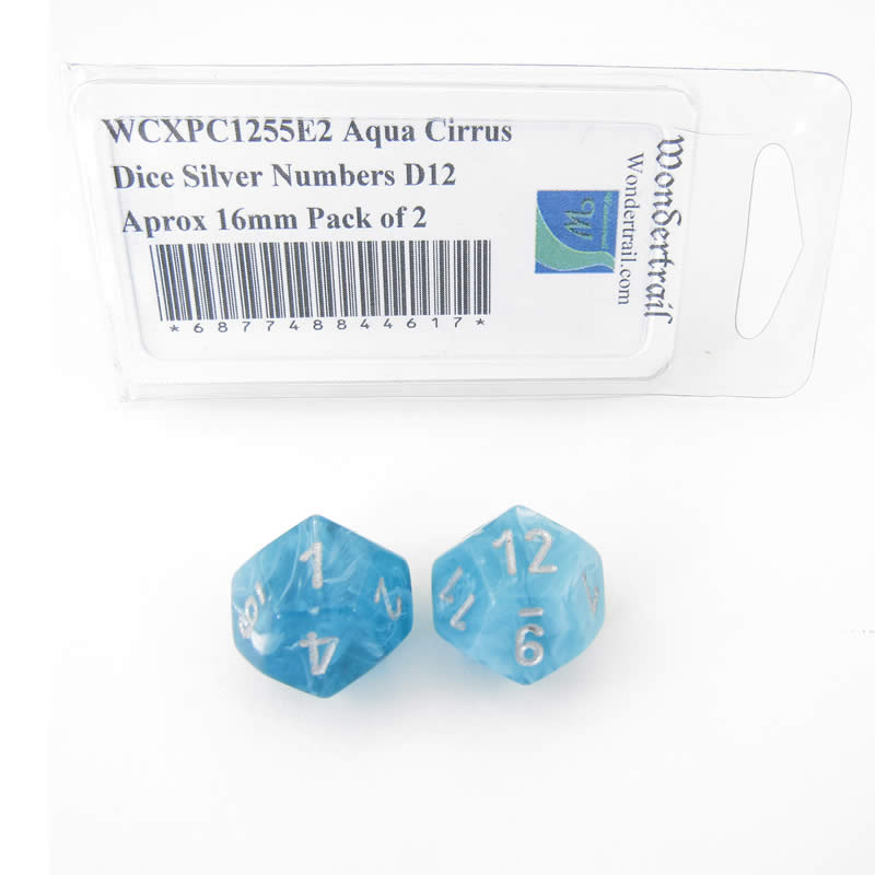 WCXPC1255E2 Aqua Cirrus Dice Silver Numbers D12 Aprox 16mm Pack of 2 (ONLINE ORDER ONLY)