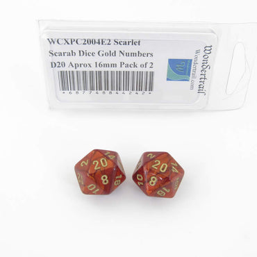 WCXPC2004E2 Scarlet Scarab Dice Gold Numbers D20 Aprox 16mm Pack of 2 (ONLINE ORDER ONLY)
