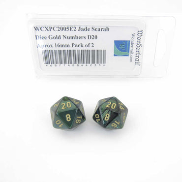 WCXPC2005E2 Jade Scarab Dice Gold Numbers D20 Aprox 16mm Pack of 2 (ONLINE ORDER ONLY)