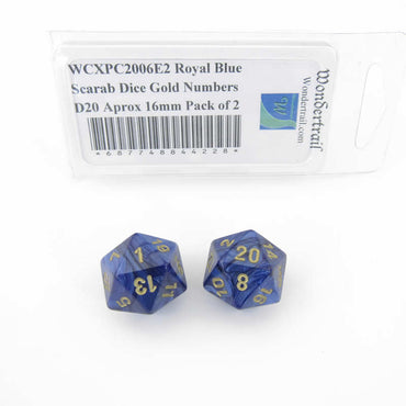 WCXPC2006E2 Royal Blue Scarab Dice Gold Numbers D20 Aprox 16mm Pack of 2 (ONLINE ORDER ONLY)