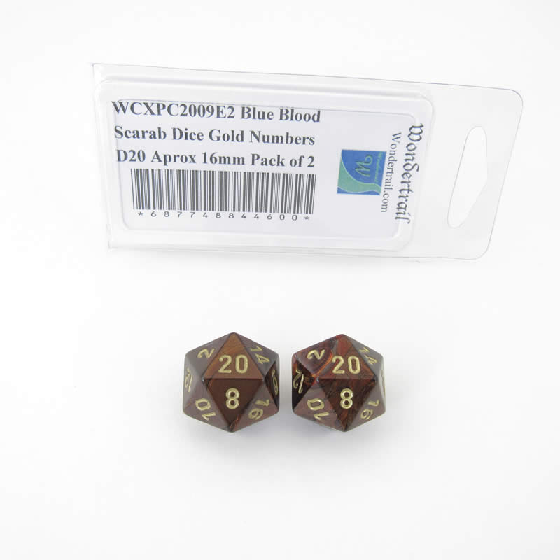 WCXPC2009E2 Blue Blood Scarab Dice Gold Numbers D20 Aprox 16mm Pack of 2 (ONLINE ORDER ONLY)