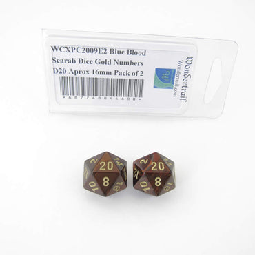 WCXPC2009E2 Blue Blood Scarab Dice Gold Numbers D20 Aprox 16mm Pack of 2 (ONLINE ORDER ONLY)