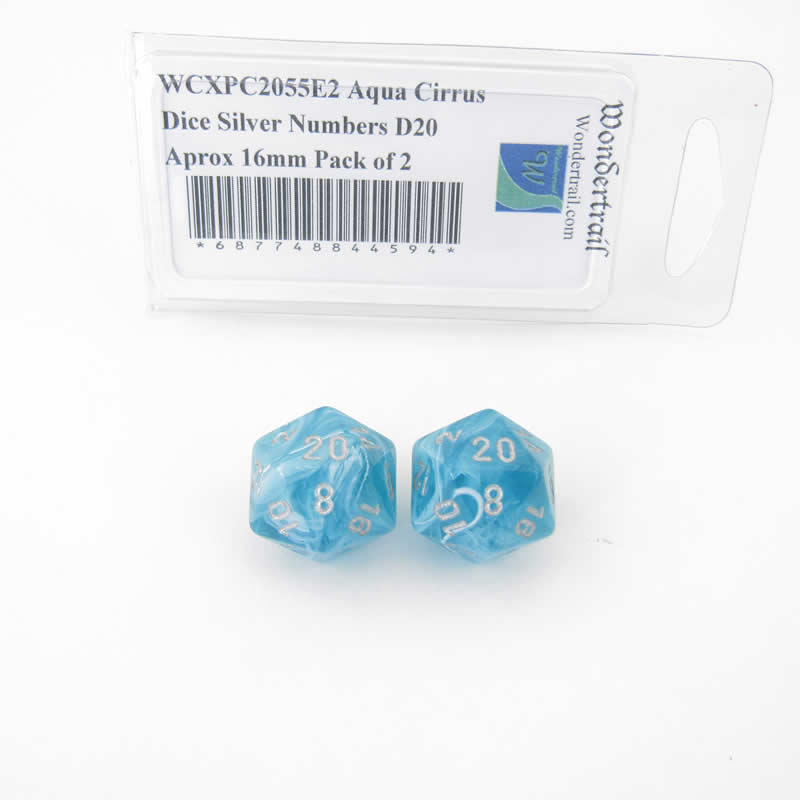 WCXPC2055E2 Aqua Cirrus Dice Silver Numbers D20 Aprox 16mm Pack of 2 (ONLINE ORDER ONLY)