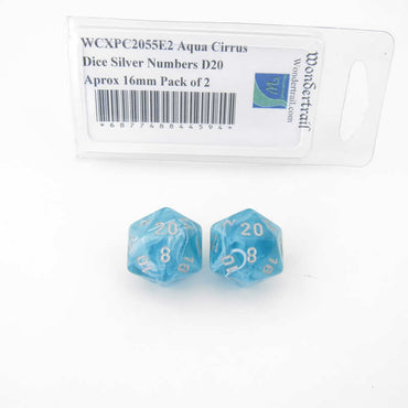 WCXPC2055E2 Aqua Cirrus Dice Silver Numbers D20 Aprox 16mm Pack of 2 (ONLINE ORDER ONLY)