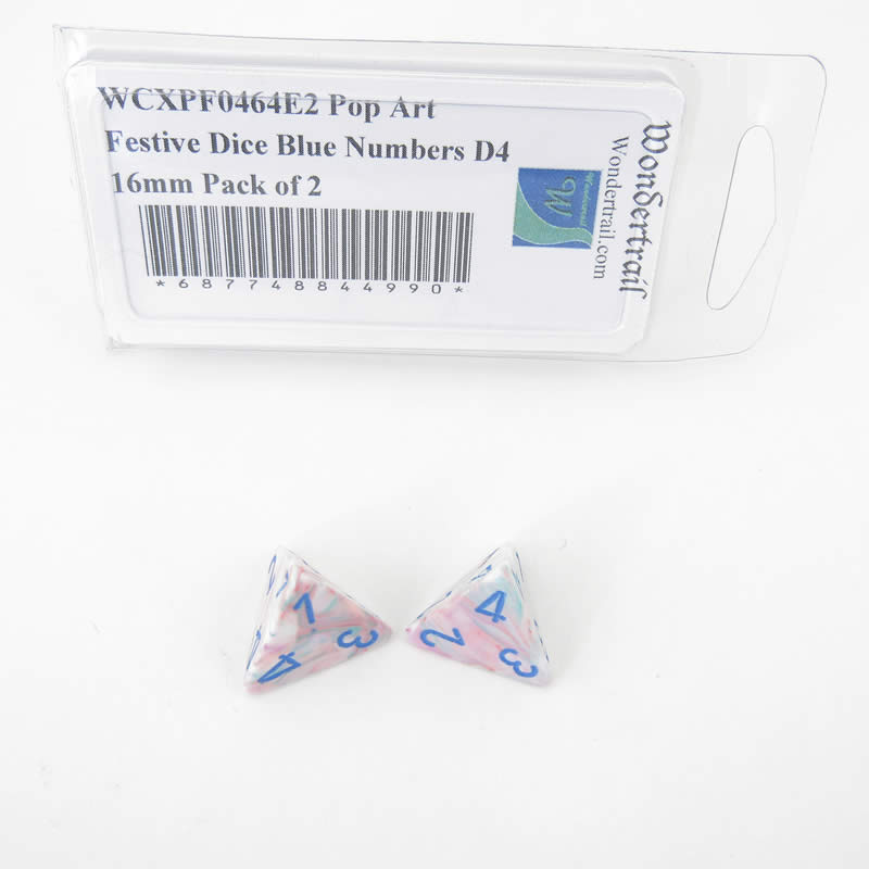 WCXPF0464E2 Pop Art Festive Dice with Blue Numbers D4 Aprox 16mm (5/8in) Pack of 2 (ONLINE ORDER ONLY)