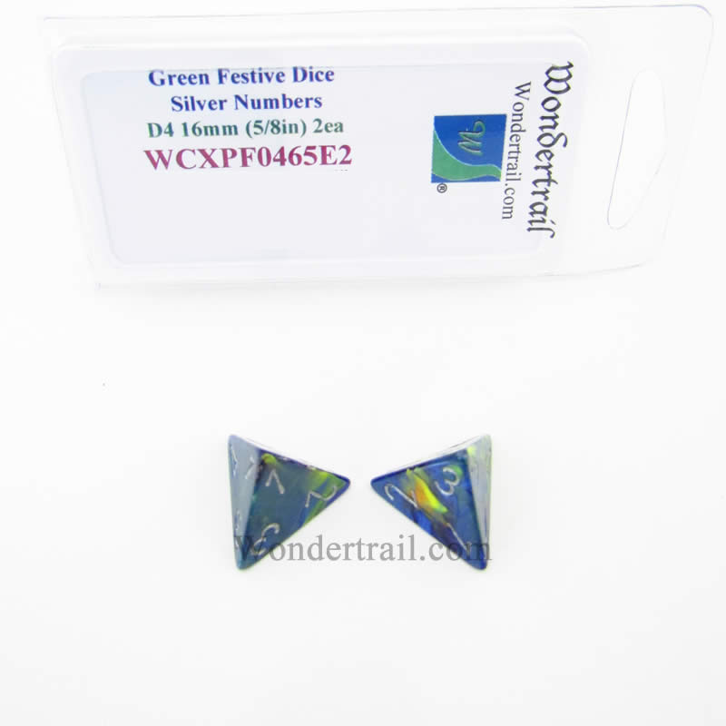 WCXPF0465E2 Green Festive Dice Silver Numbers D4 16mm Pack of 2 (ONLINE ORDER ONLY)