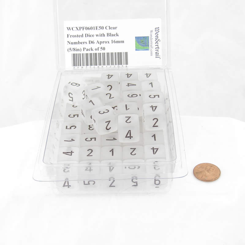 WCXPF0601E50 Clear Frosted Dice with Black Numbers D6 Aprox 16mm (5/8in) Pack of 50 (ONLINE ORDER ONLY)